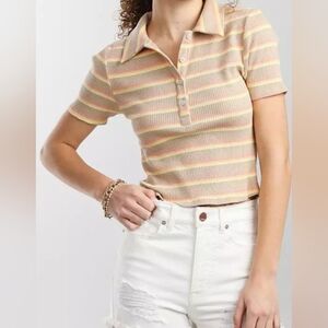 FITZ & EDDI Western Nautical Coastal Brown Ribbed knit fitted henley cropped top